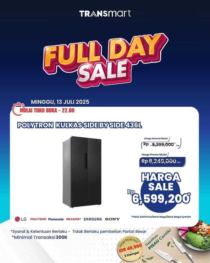 Diskon Jumbo Kulkas Side by Side Polytron di Transmart Full Day Sale!