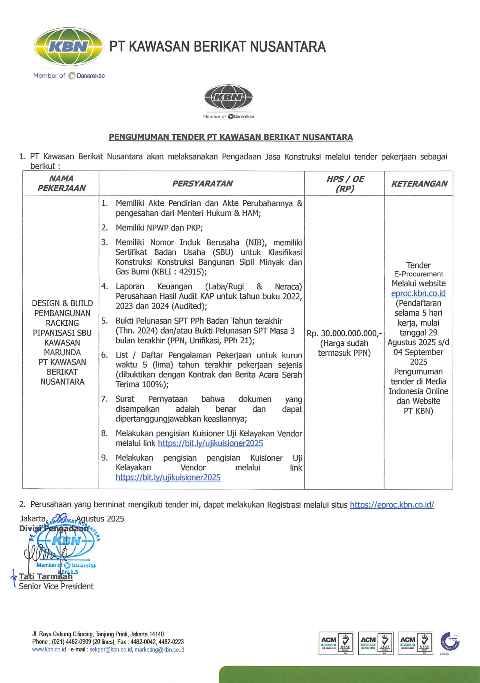 Pengumuman Tender Pekerjaan Design dan Build Racking Pipanisasi SBU Marunda