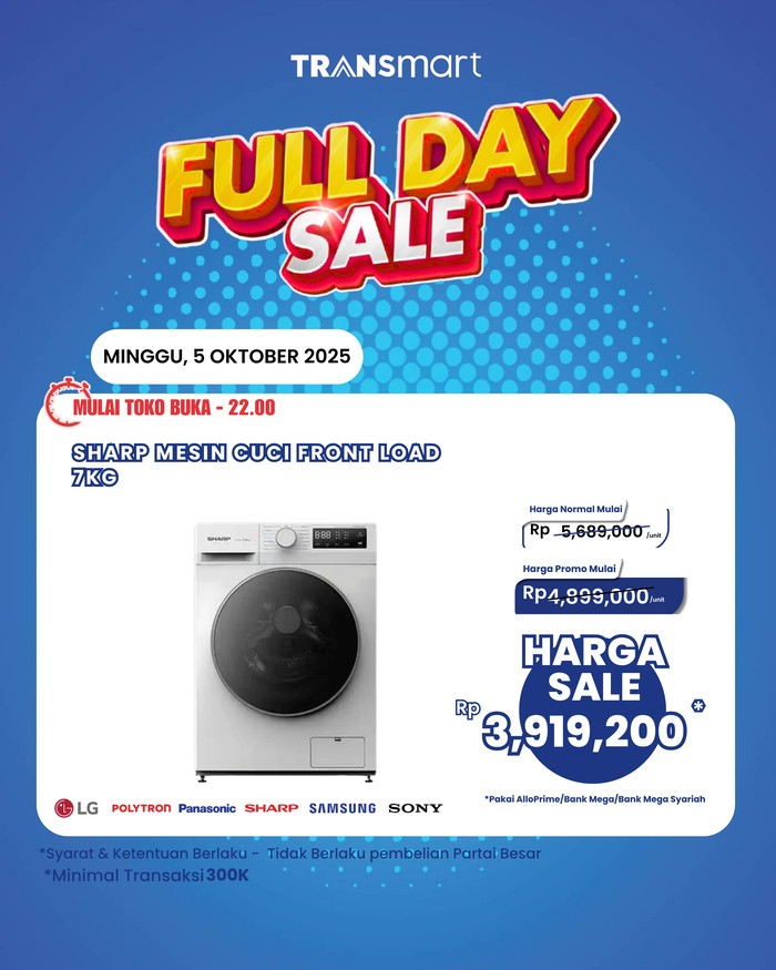 Mesin Cuci Front Load 7KG Hanya Rp 3 Jutaan di Transmart Full Day Sale!