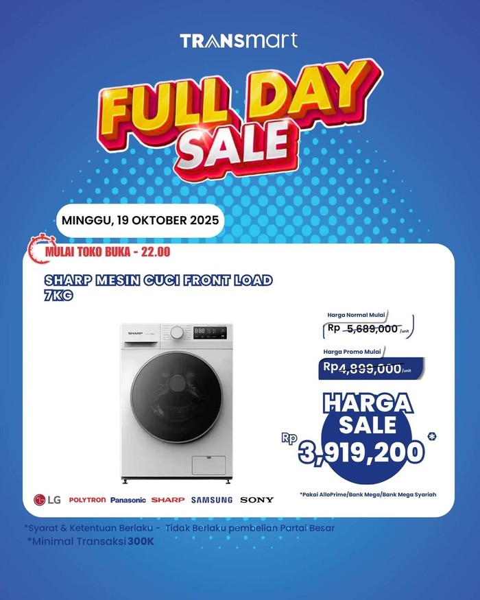 Transmart Full Day Sale: Mesin Cuci Front Load 7KG Hanya Rp 3 Jutaan!